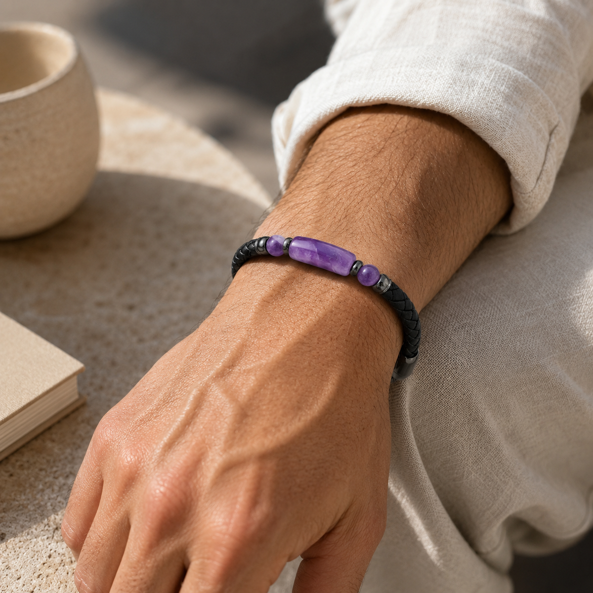 Amethyst Lederarmband mit Ziernaht