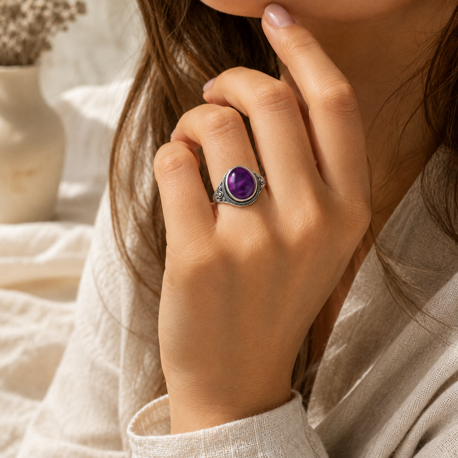 Amethyst Ring aus 925er Silber mit Spiralornamenten