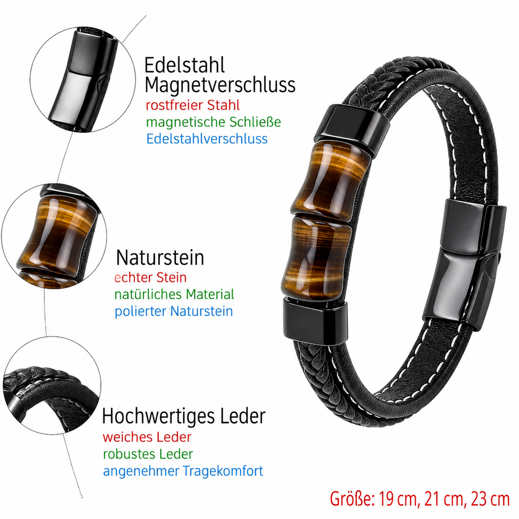 Tigerauge Herren Lederarmband mit zwei Mittelsteinen