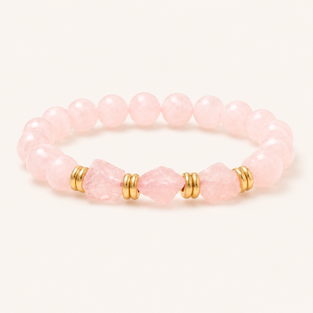 Rosenquarz Perlenarmband mit facettierten Mittelsteinen