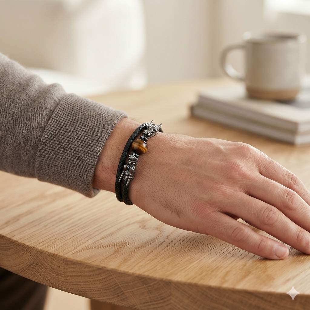 Tigerauge Lederarmband mit Drachenkopf