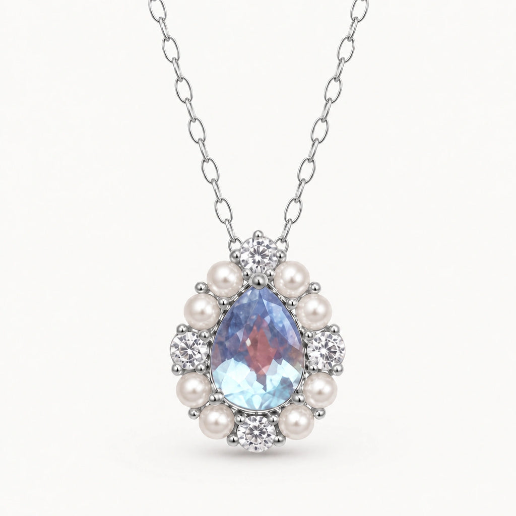 Aquamarin Kette aus 925er Silber 18K weißgoldvergoldet mit Tropfenanhänger und Ziersteinen