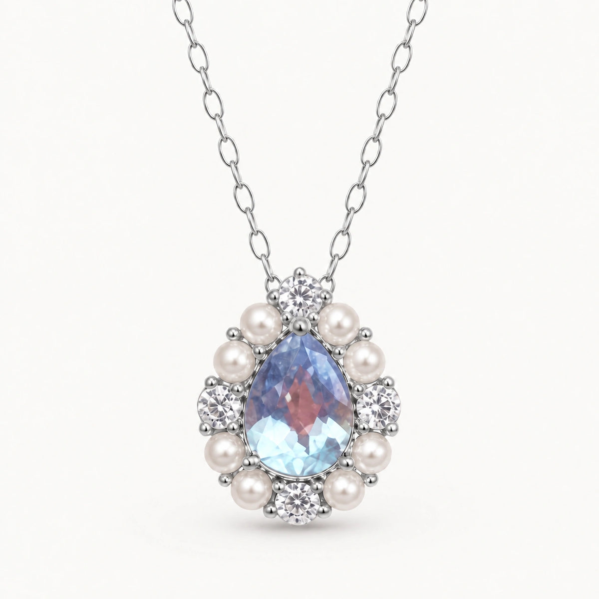 Aquamarin Kette aus 925er Silber 18K weißgoldvergoldet mit Tropfenanhänger und Ziersteinen