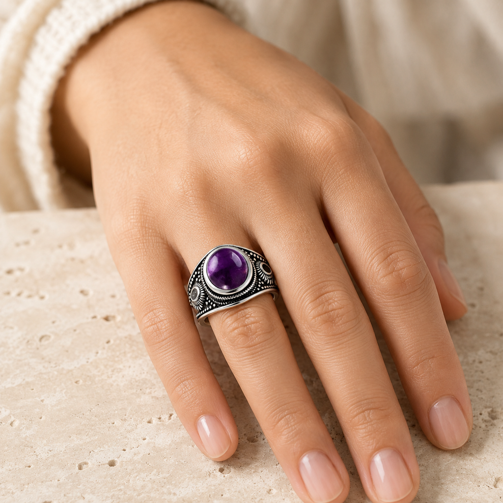 Amethyst Ring aus 925er Silber mit Sonnenornamenten