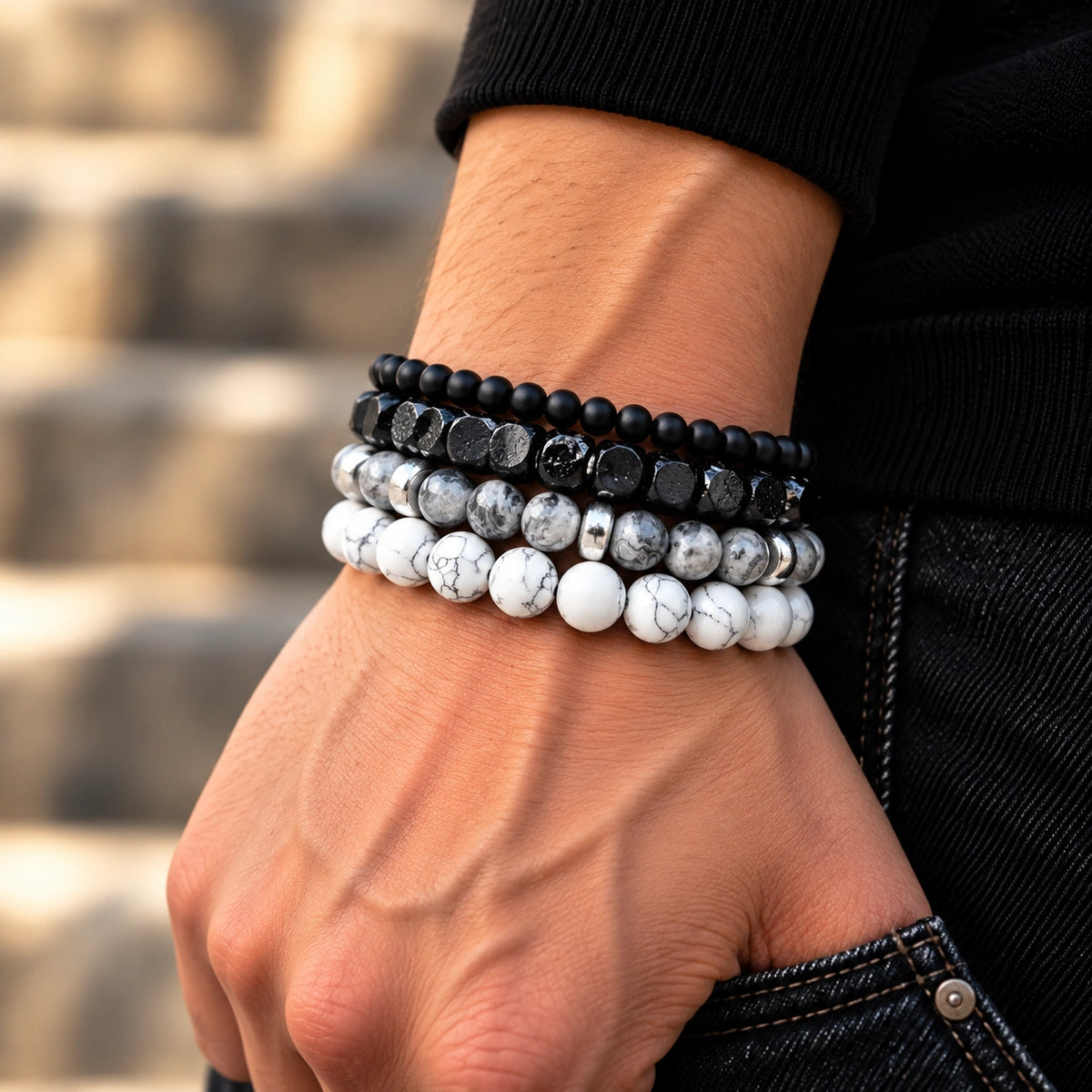 Schwarzes Onyx Armbänder Set mit Map Stone und Howlith