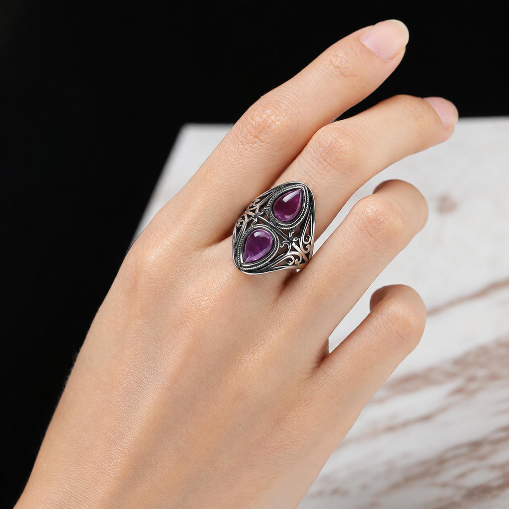 Amethyst Ring aus 925er Silber mit zwei Tropfensteinen