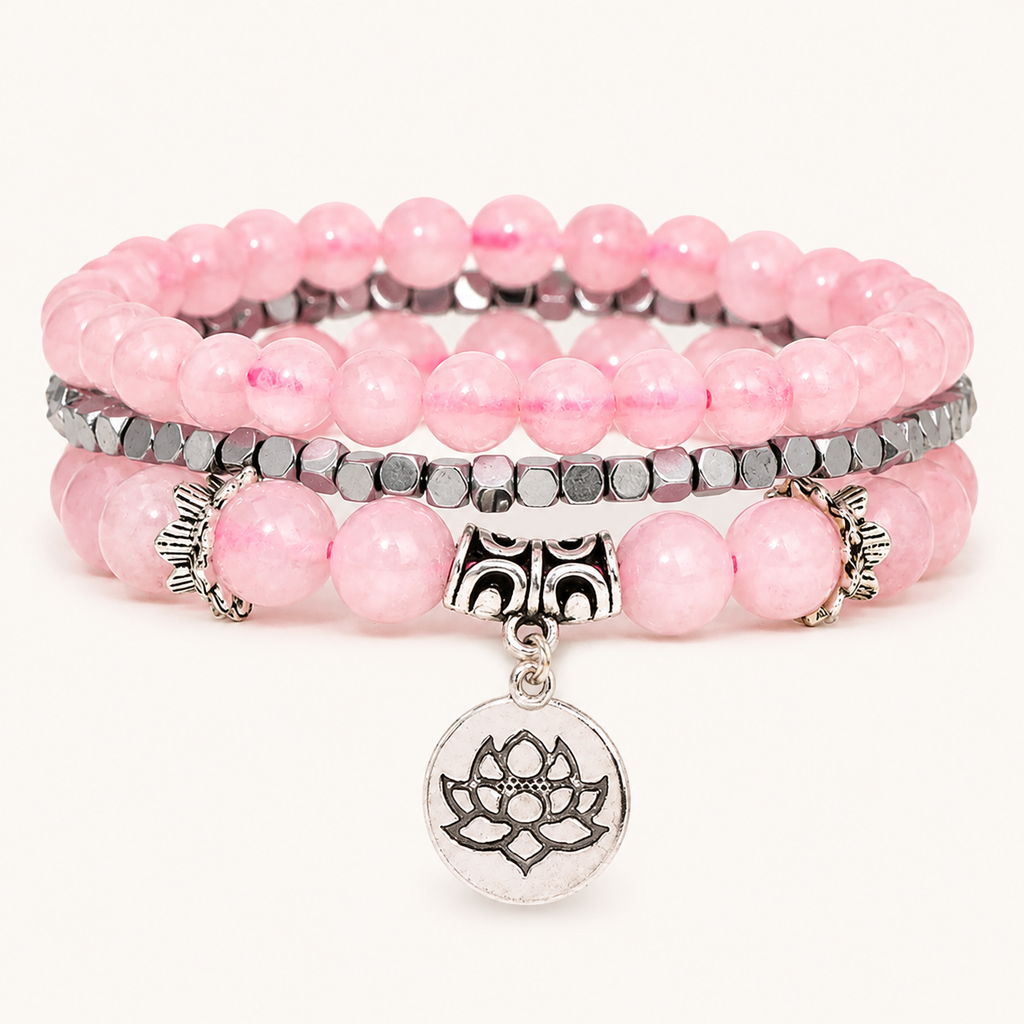 Dreireihiges Rosenquarz Armband mit Lotus