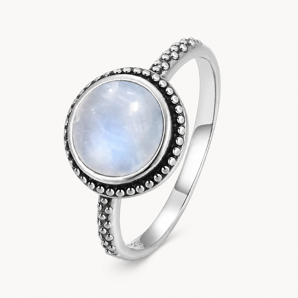 Schmaler Mondstein Ring mit Perlenrand