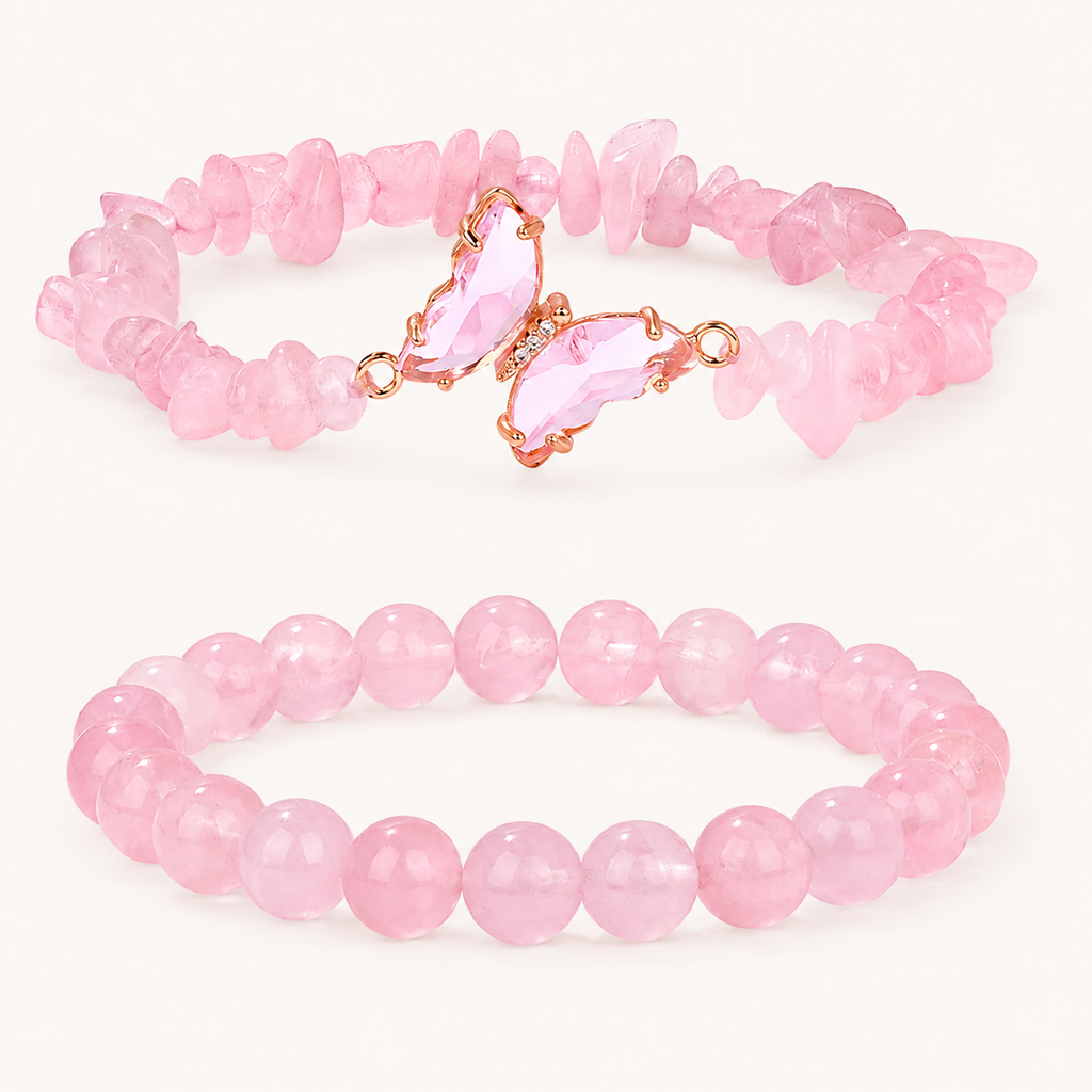 Rosenquarz Perlenarmband mit Schmetterling