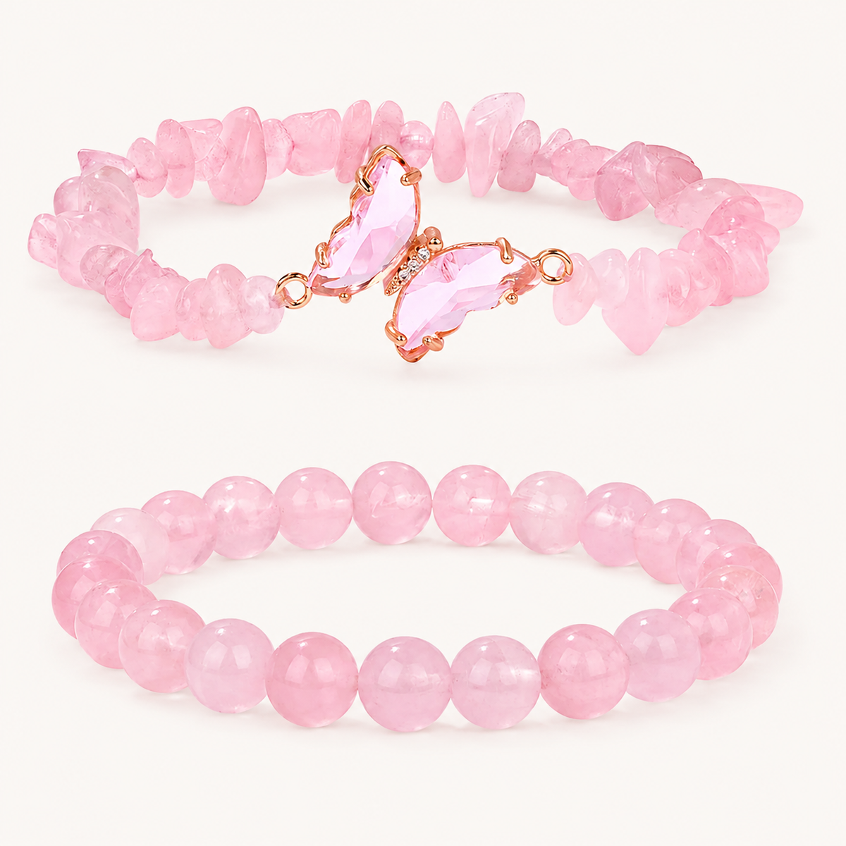 Rosenquarz Perlenarmband mit Schmetterling