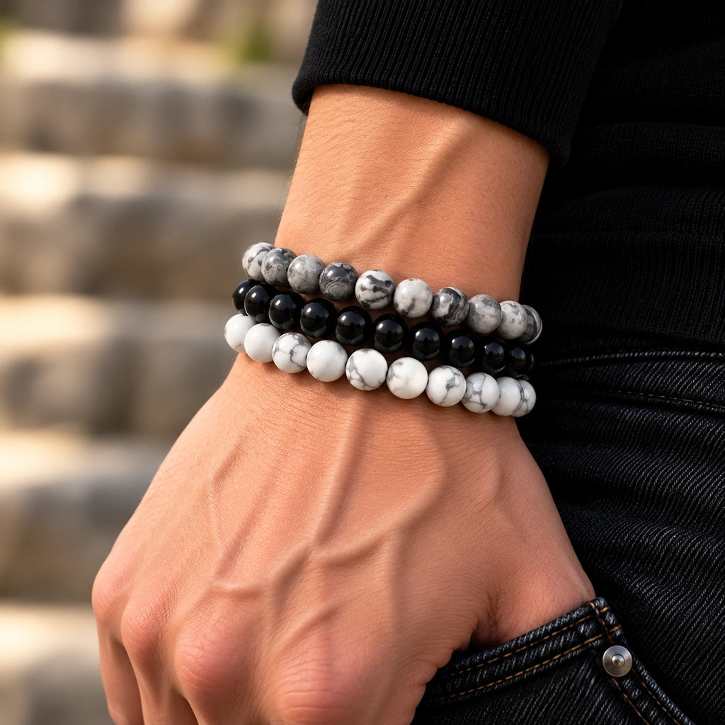 Onyx Armbänder Set mit Map Stone und weißem Howlith
