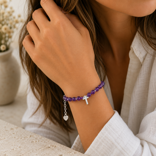 Amethyst Perlenarmband mit Kreuz