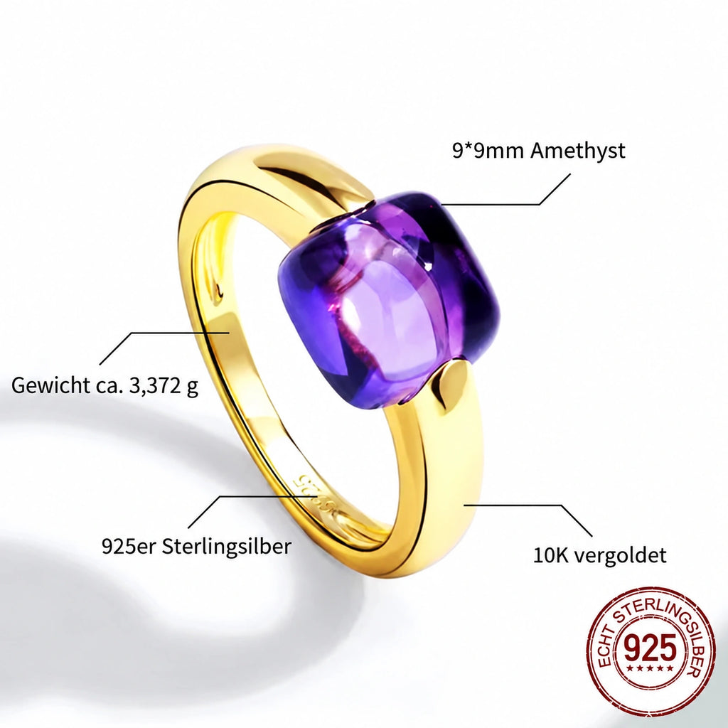 10K vergoldeter Amethyst Ring aus 925er Silber mit quadratischem Stein