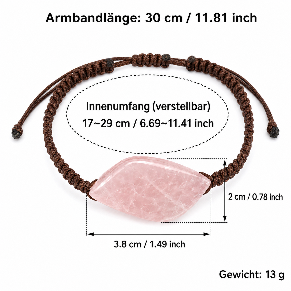 Rosenquarz Makramee Armband mit großem Blattstein