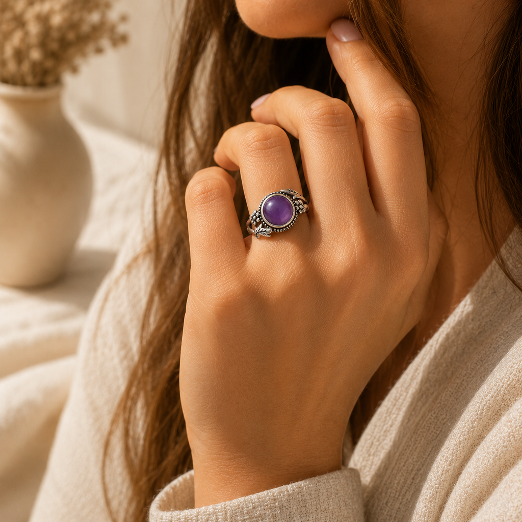Floraler Amethyst Ring aus 925er Silber mit Blättern