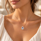 Aquamarin Kette aus 925er Silber 18K rosévergoldet mit Tropfenanhänger und Perlenoptik