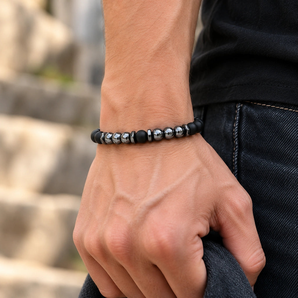 Onyx Armband mit Hämatit und silberfarbenen Akzenten