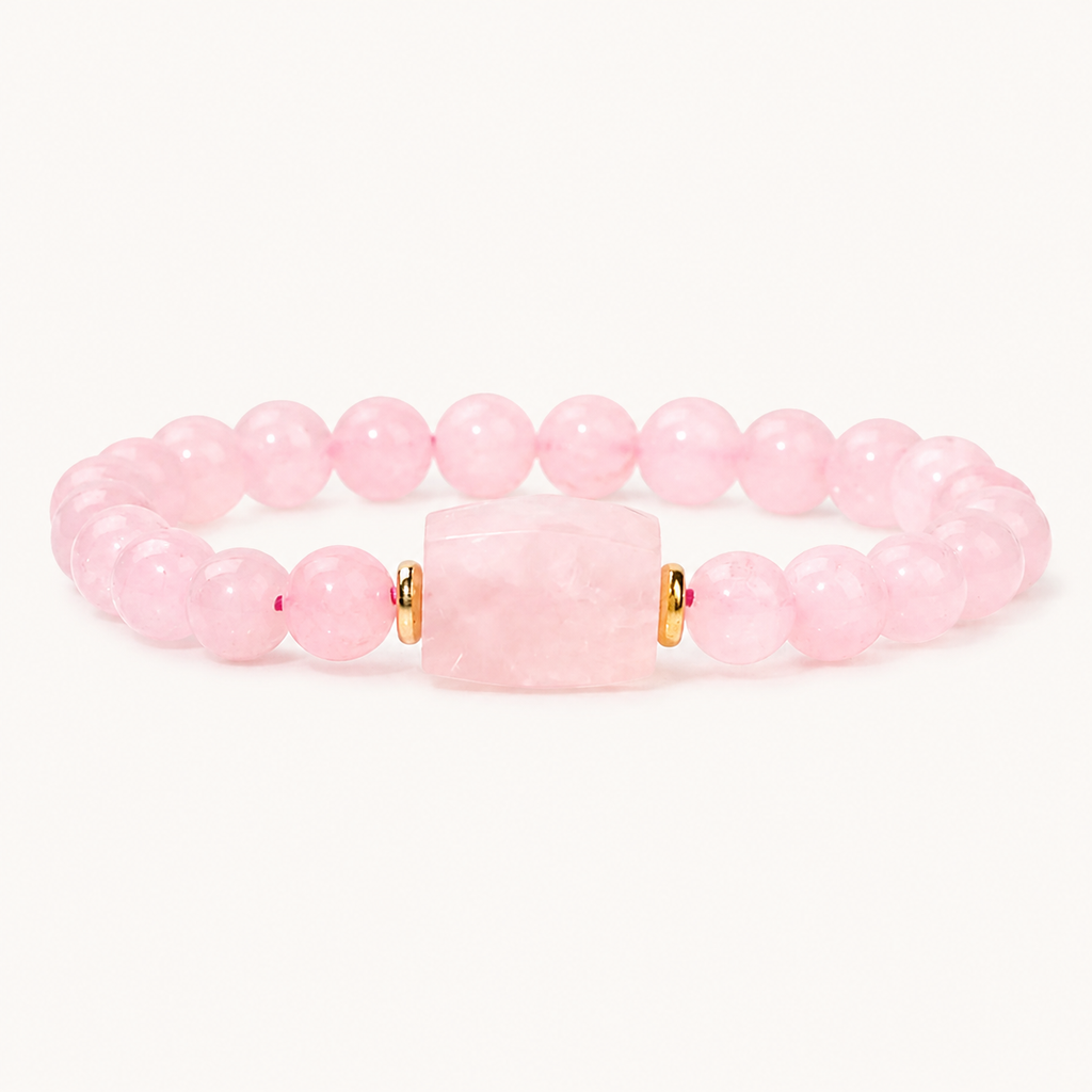 Rosenquarz Perlenarmband mit rechteckigem Mittelstein