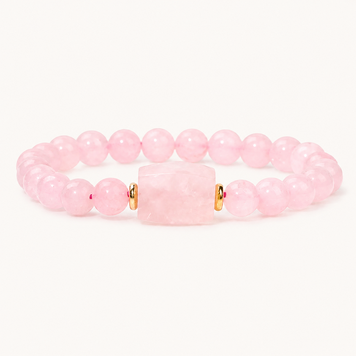 Rosenquarz Perlenarmband mit rechteckigem Mittelstein