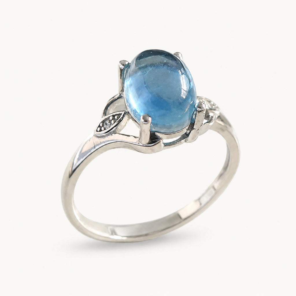 Aquamarin Look Ring mit ovalem Cabochon und Blattdetails