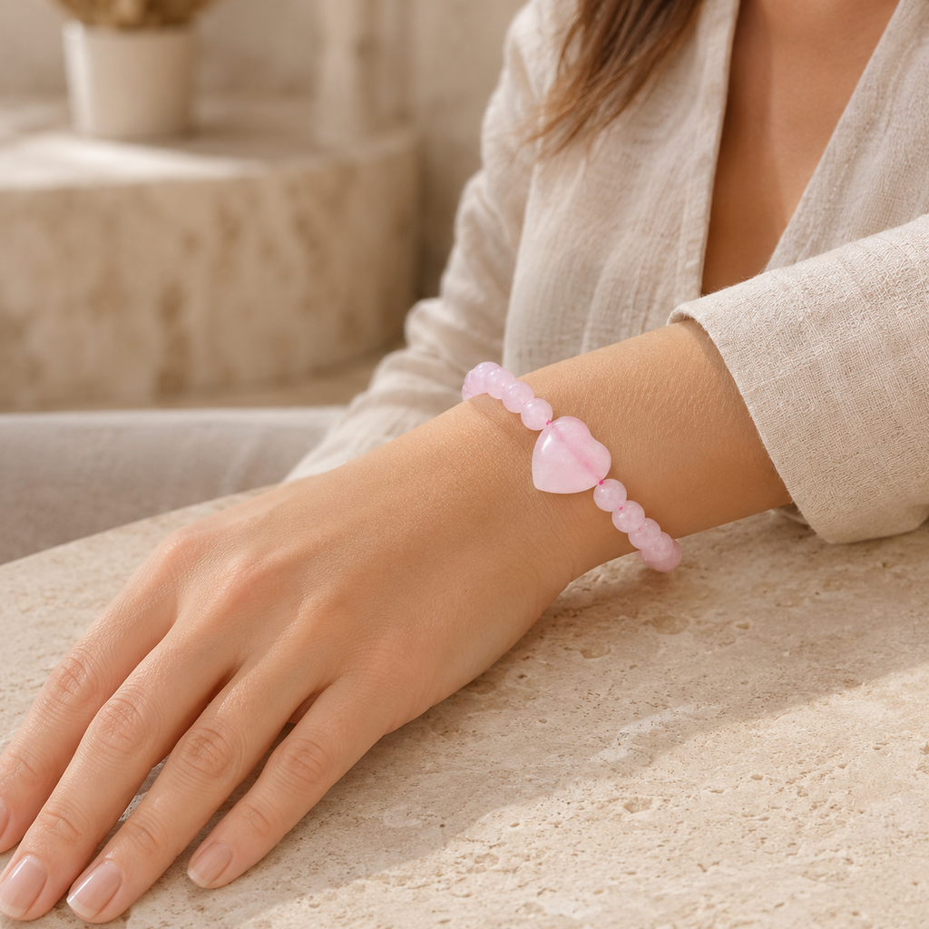 Rosenquarz Perlenarmband mit großem Herz