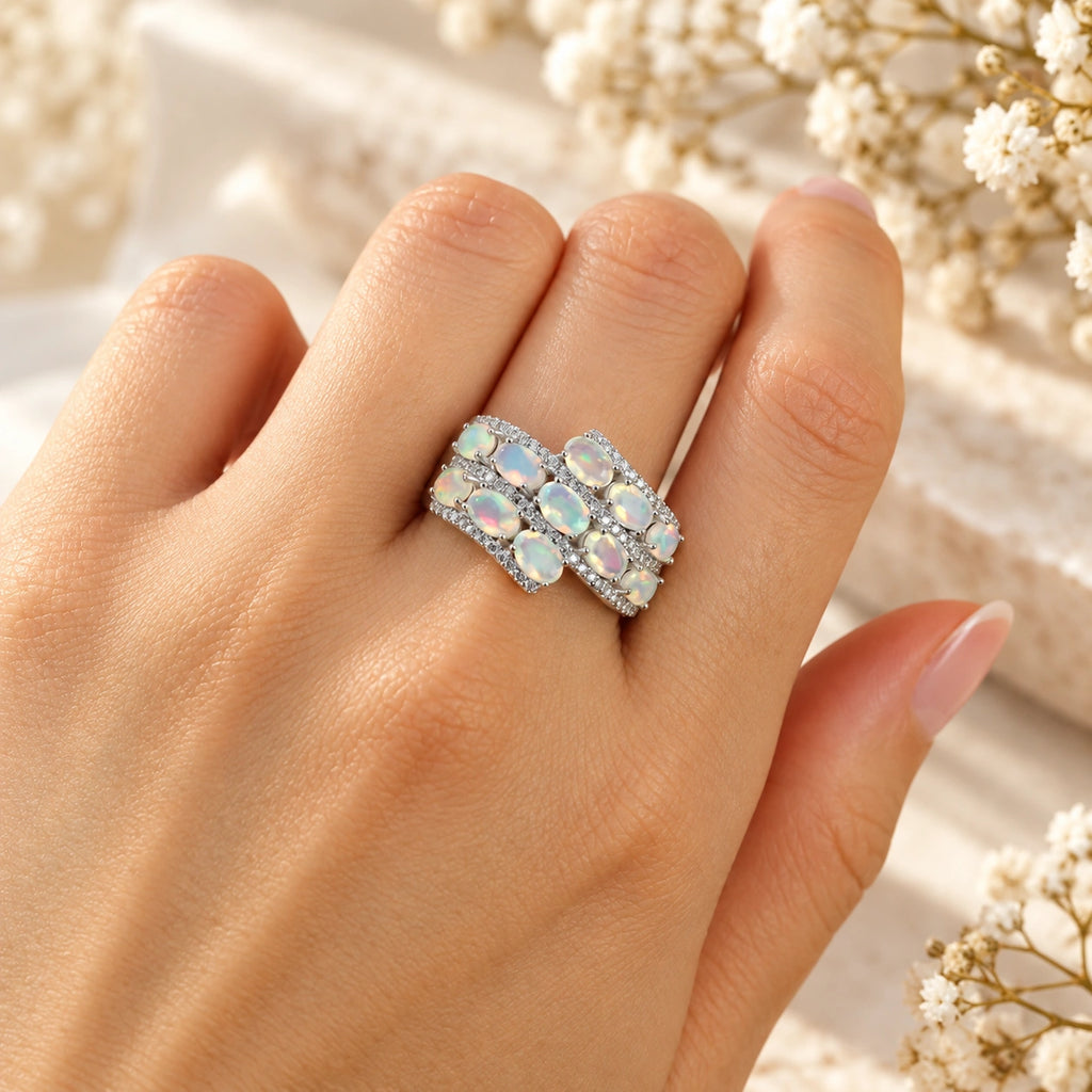 Mehrreihiger Opal Ring aus 925er Silber mit gestaffelten Steinen