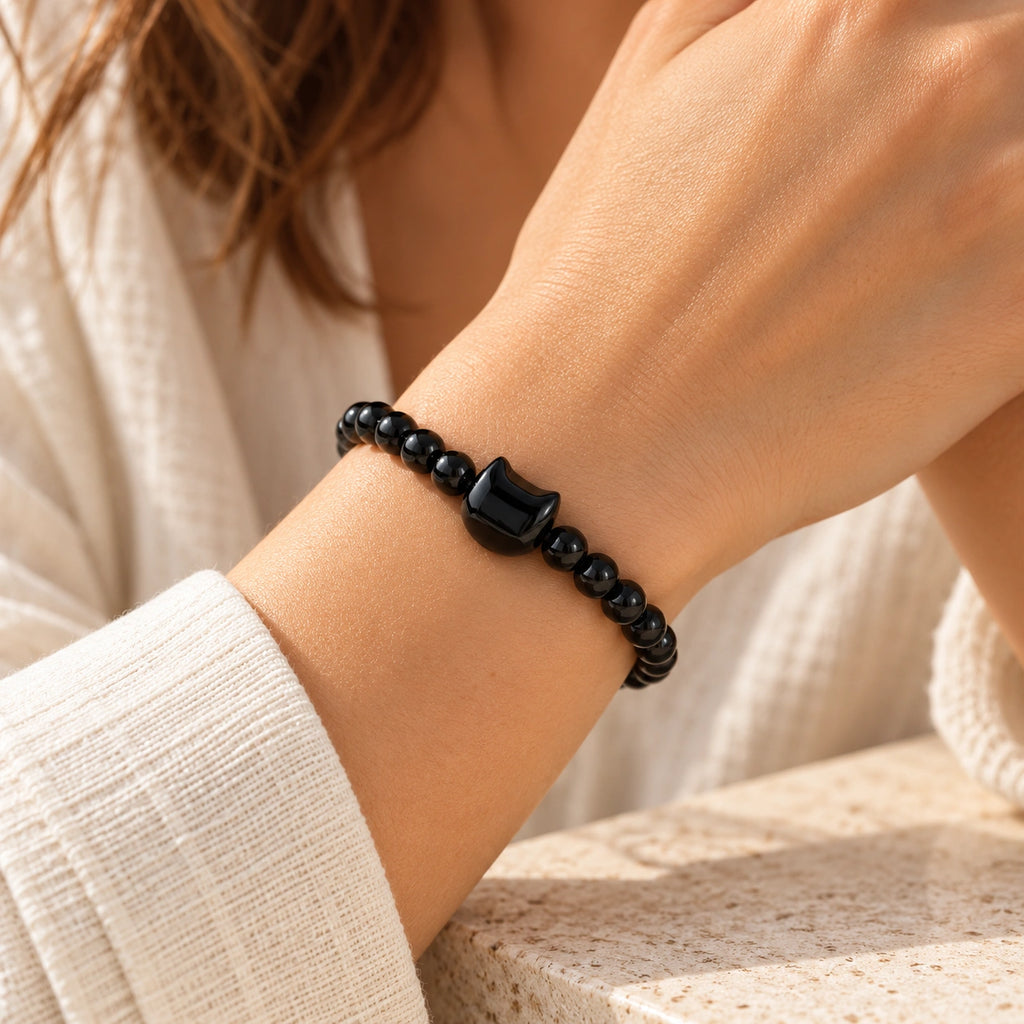 Onyx Perlen Armband mit Katzenmotiv