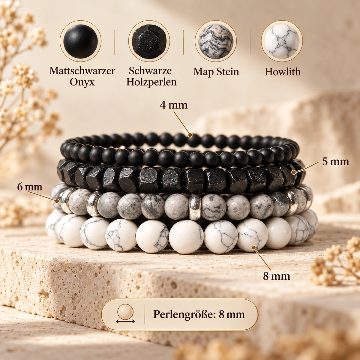 Schwarzes Onyx Armbänder Set mit Map Stone und Howlith