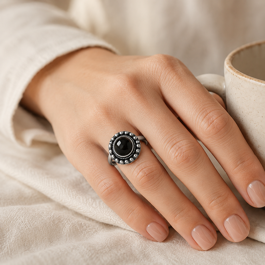 Onyx Ring aus 925er Silber mit rundem Cabochon und Kugelkranz