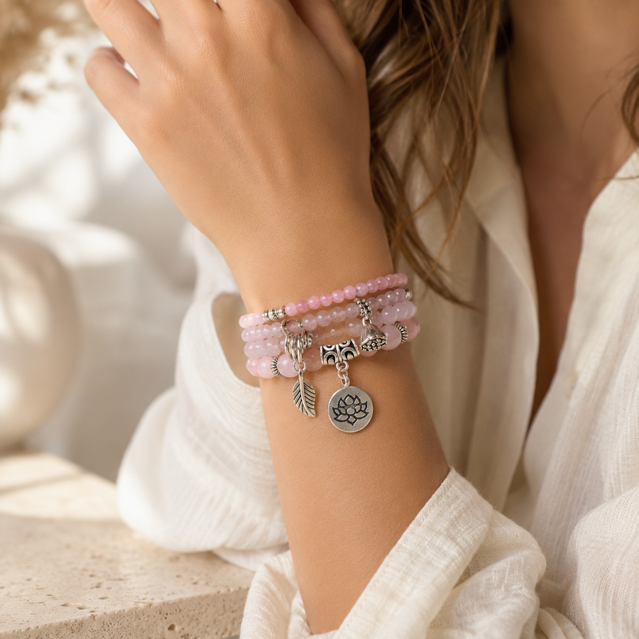 Rosenquarz Armband mit Feder
