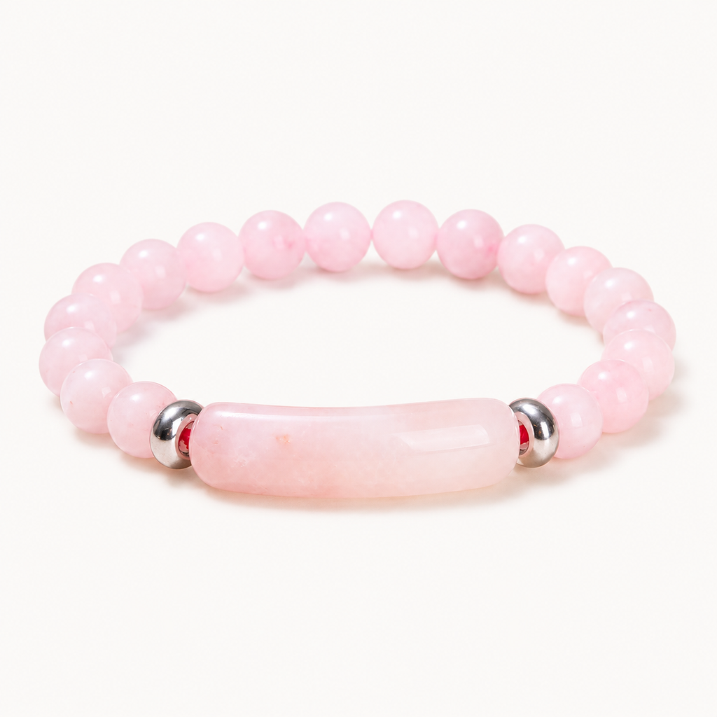 Rosenquarz Perlenarmband mit länglichem Mittelstein