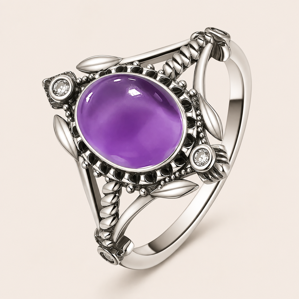 Floraler Amethyst Ring aus 925er Silber mit Blattornamenten