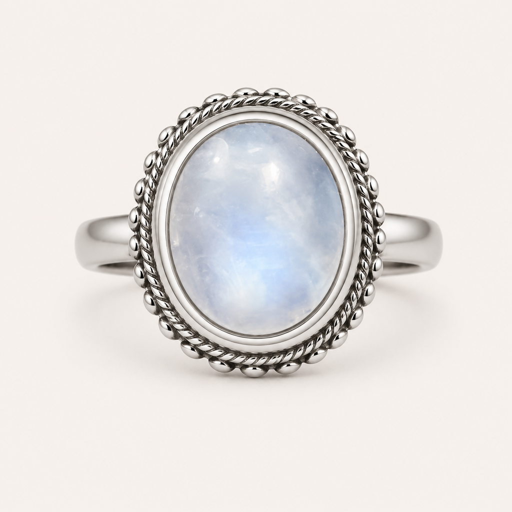 Ovaler Mondstein Ring mit Kordelrand