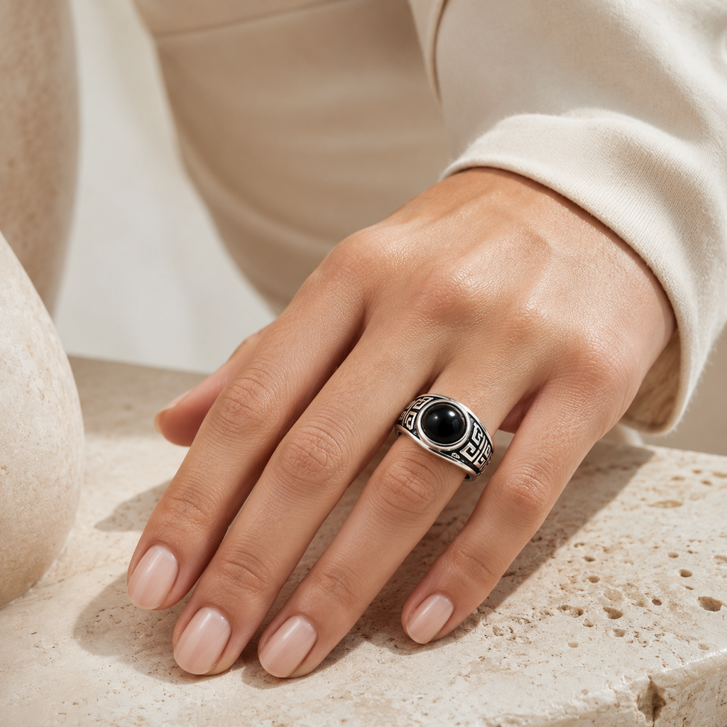 Onyx Ring aus 925er Silber mit Mäandermuster