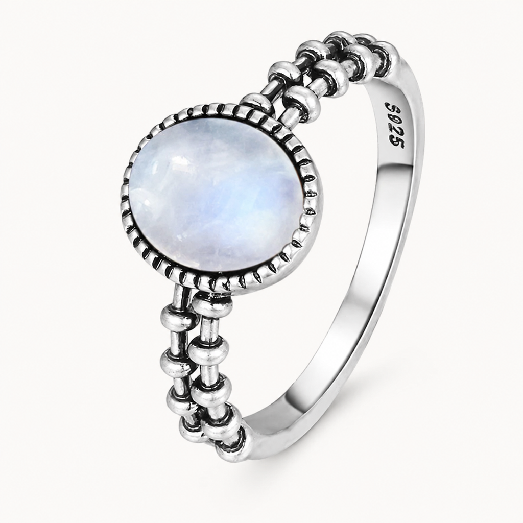 Feiner Mondstein Ring mit Perlenband