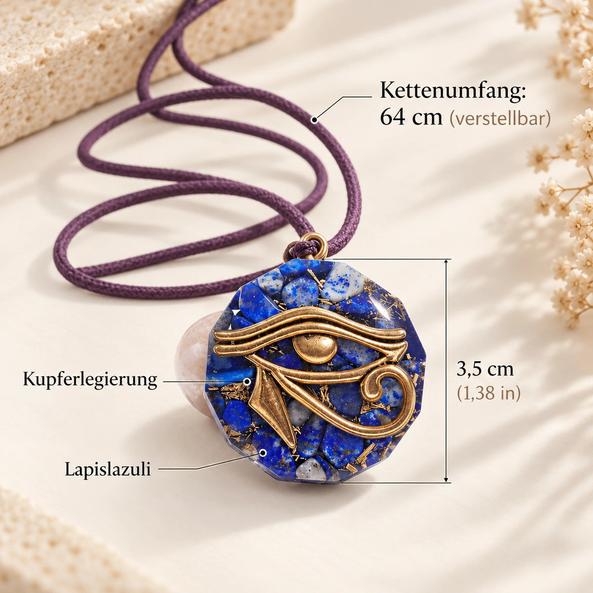 Lapislazuli Anhänger mit Horusauge an geflochtener Kordel