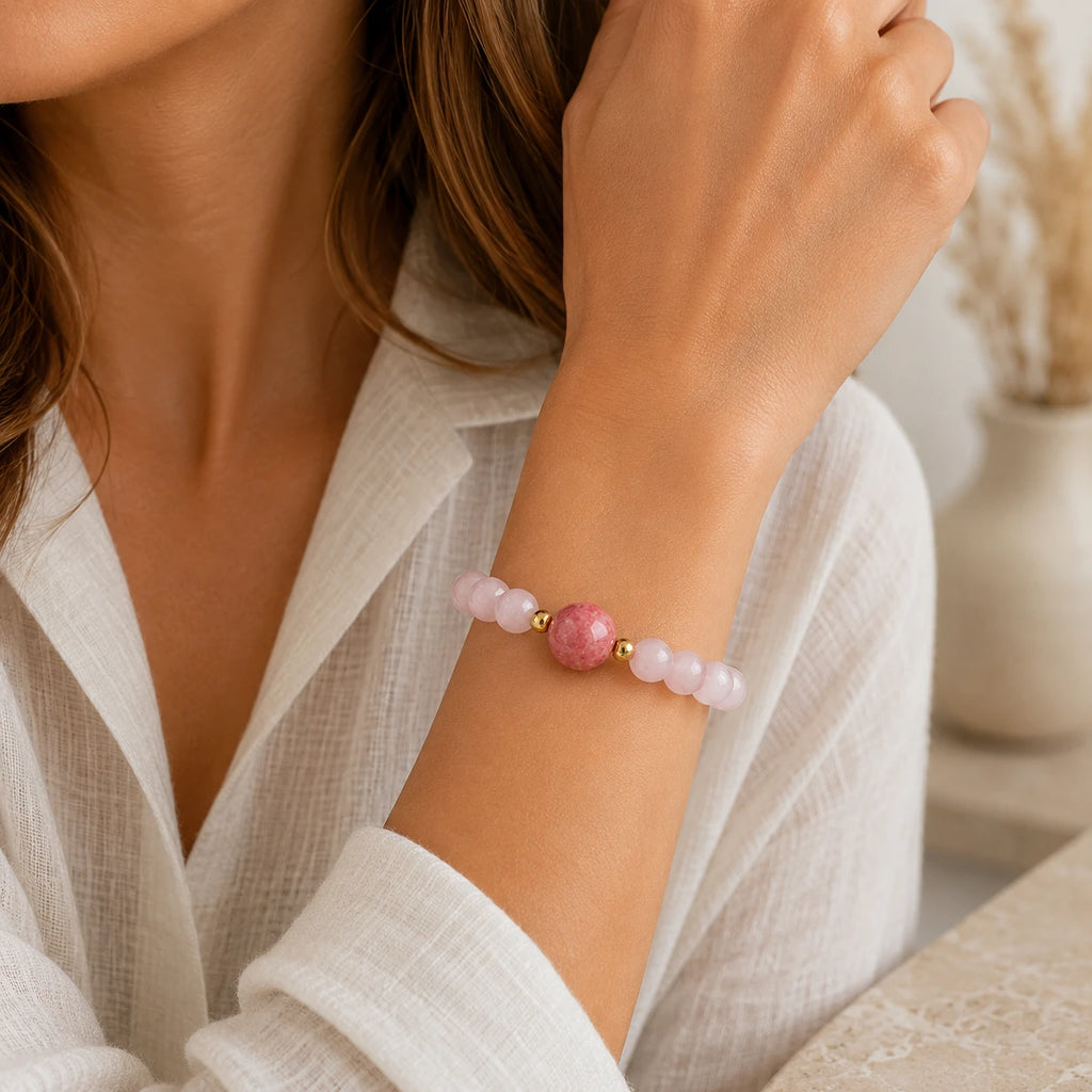 Rosenquarz Rhodonit Armband mit Mittelperle