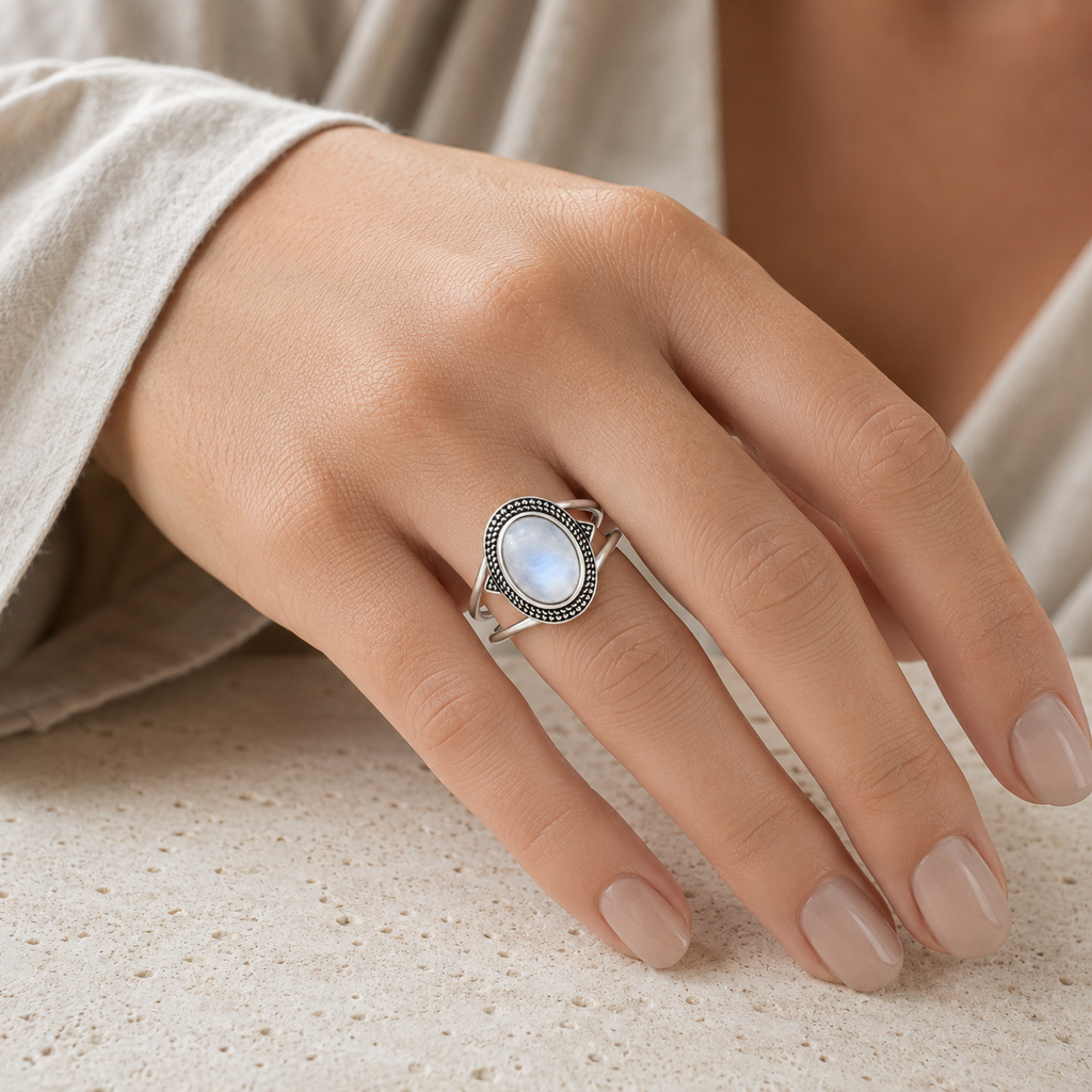 Mondstein Ring mit gekreuzter Fassung