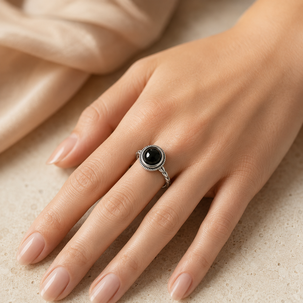 Onyx Ring aus 925er Silber mit rundem Cabochon und gedrehter Ringschiene