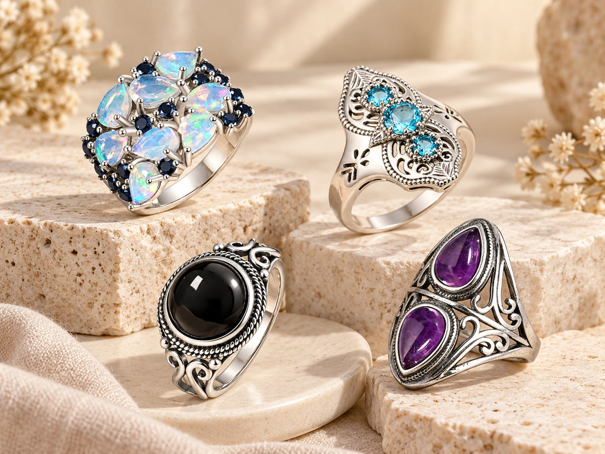 Edelsteinschmuck in einer ruhigen, hellen Atmosphäre