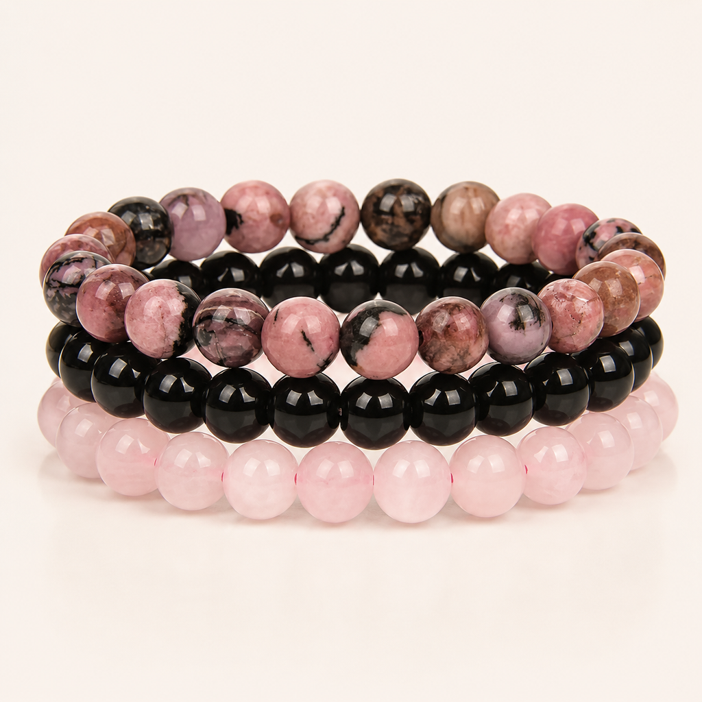 Rosenquarz Rhodonit Onyx Armband Set