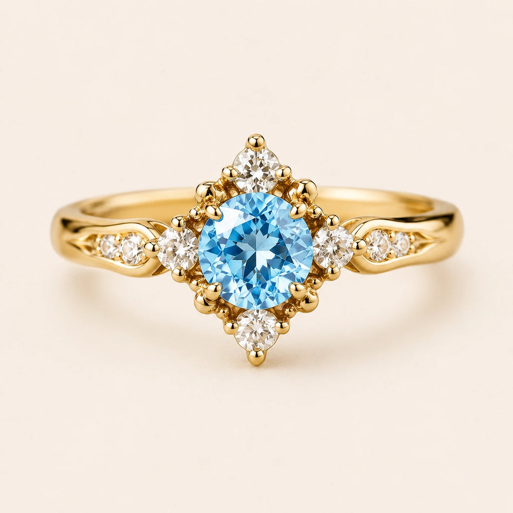 Goldfarbener Aquamarin-Look Ring mit rundem Stein und Seitensteinen