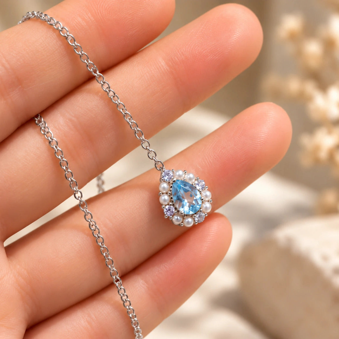 Aquamarin Kette aus 925er Silber 18K weißgoldvergoldet mit Tropfenanhänger und Ziersteinen