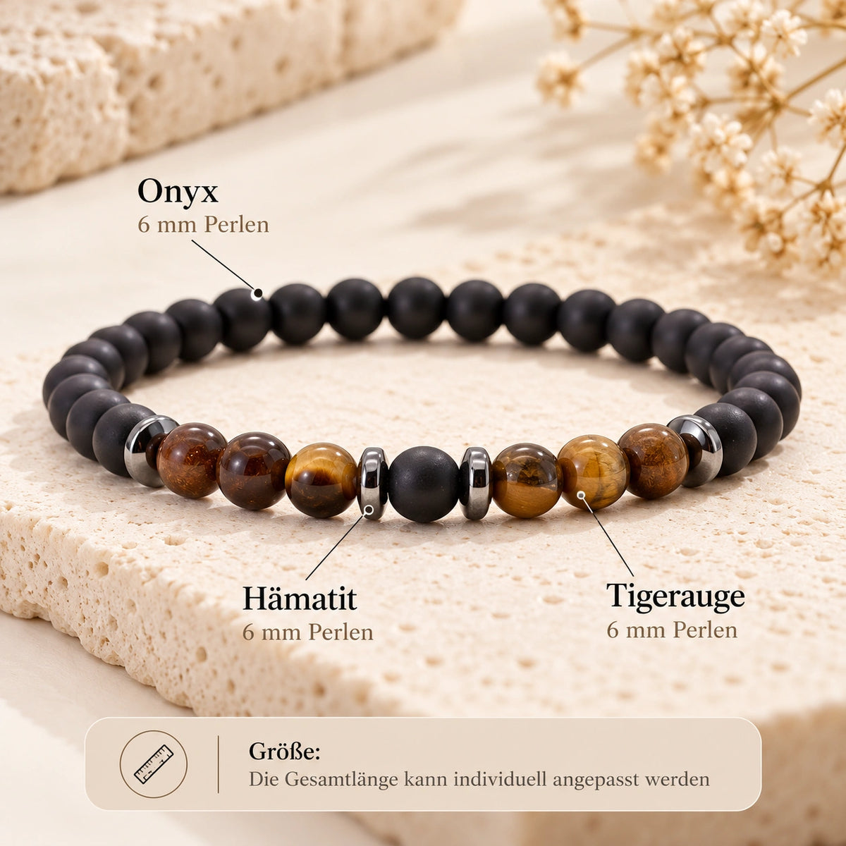 Onyx Armband mit Tigerauge und 6 mm Perlen