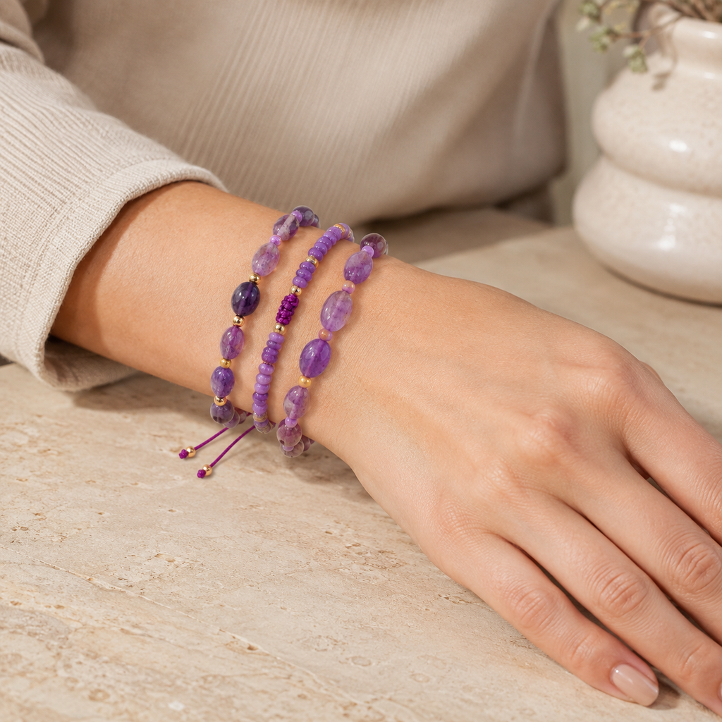 3er Set Amethyst Armbänder mit verstellbarer Kordel