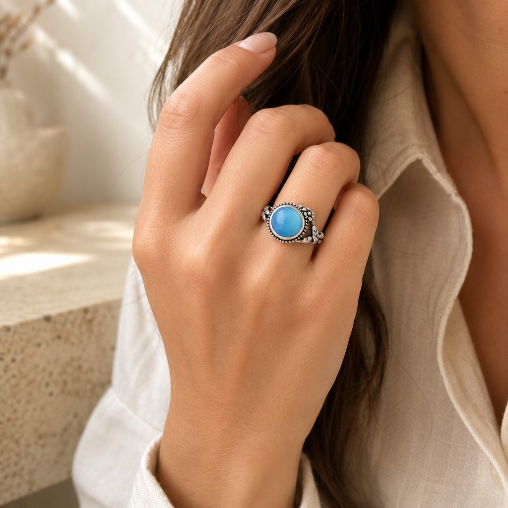 Aquamarin Ring aus 925er Silber mit Blättern und Blüten