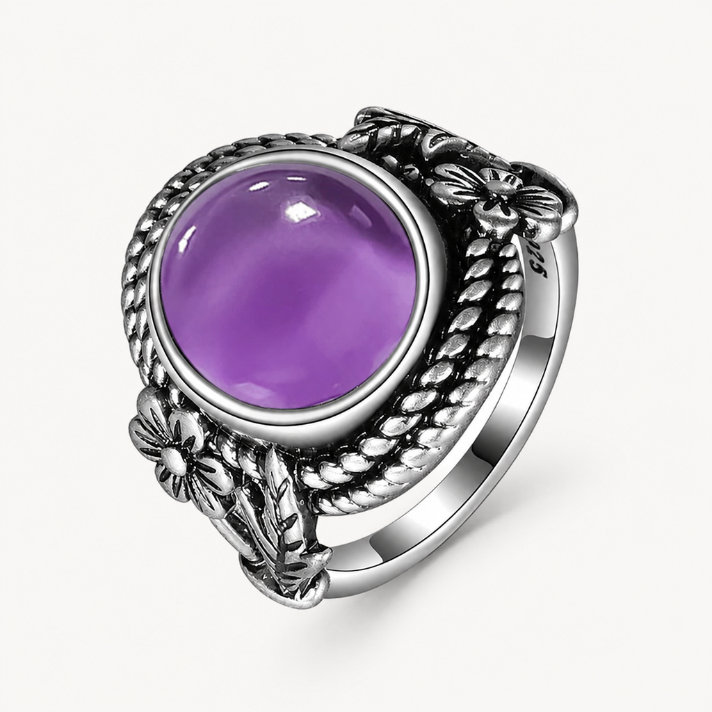 Breiter Amethyst Ring aus 925er Silber mit Flechtkranz und Blüten