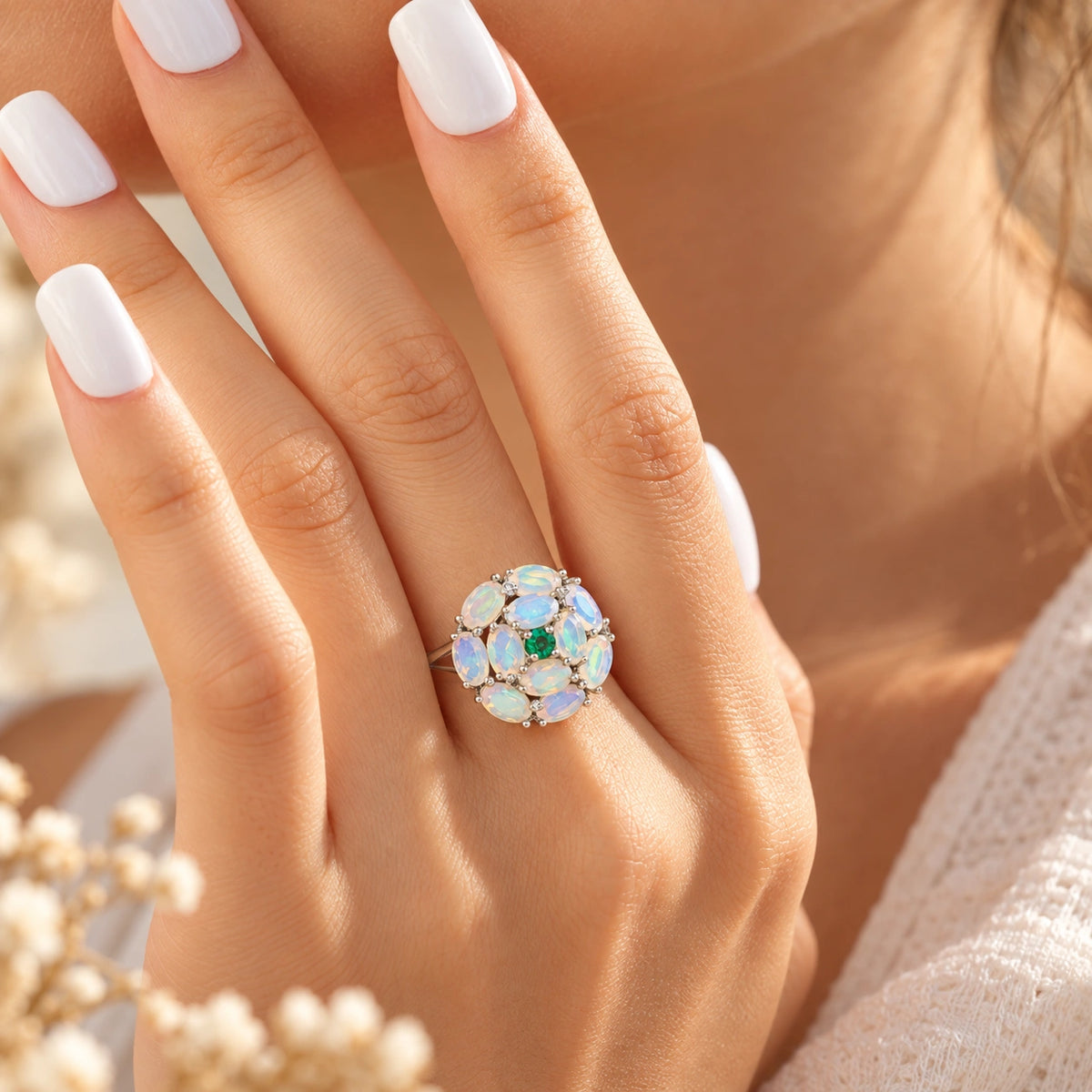 Opal Ring aus 925er Silber mit Smaragdzentrum und Opalblüte