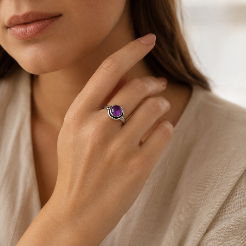 Amethyst Ring aus 925er Silber mit gezacktem Rahmen