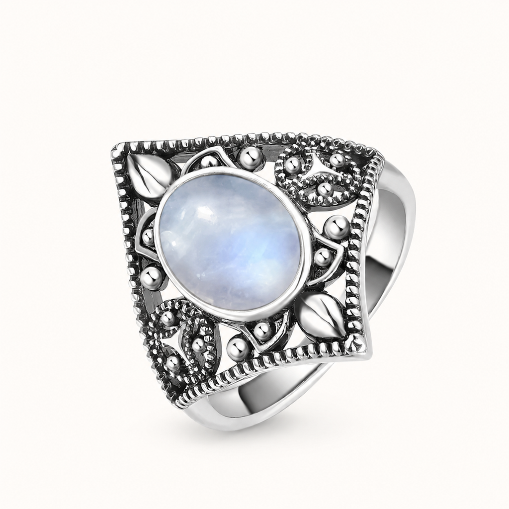 Quadratischer Mondstein Ring mit Blättermuster